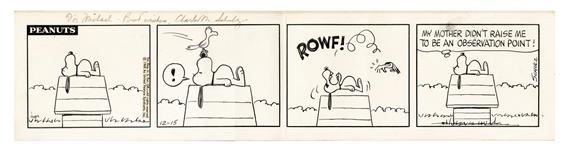 Charles Schulz Hand-Drawn Peanuts Comic Strip From 1965 -- In This Very Cute Strip, Snoopy Bares Teeth at a Seagull Who Lands on His Nose